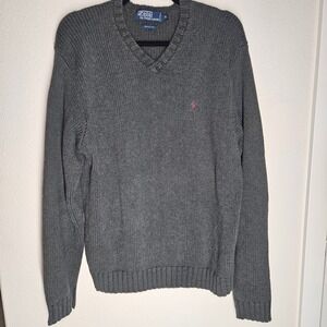 Polo Ralph Lauren Mens Grey V Neck Cotton Sweater Medium Pink Pony Logo